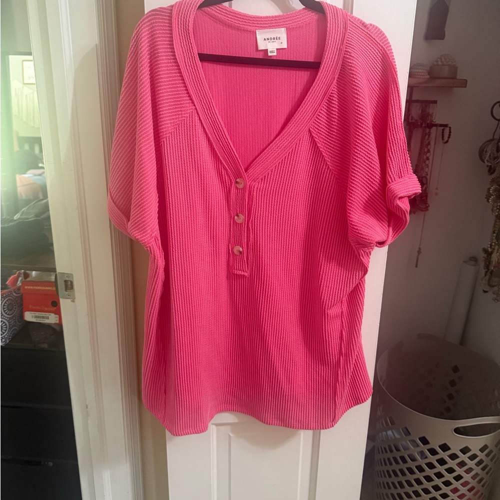 Andree Pink Ribbed Button Blouse